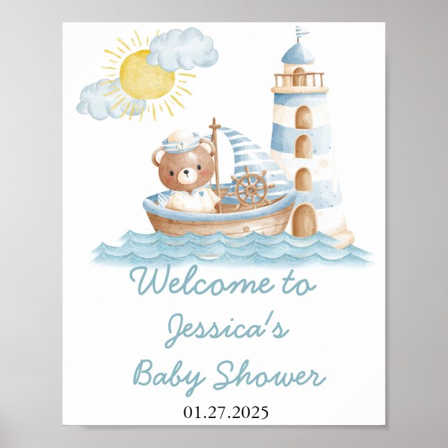 Poster Baby shower d'aquarelle de l'ours nautique Bienven (Devant)