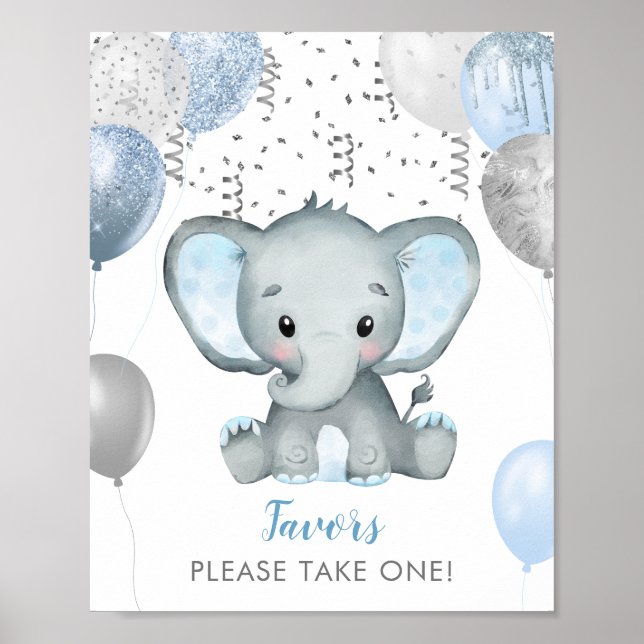 Poster Baby shower d'aquarelle éléphant garçon Faveurs (Devant)
