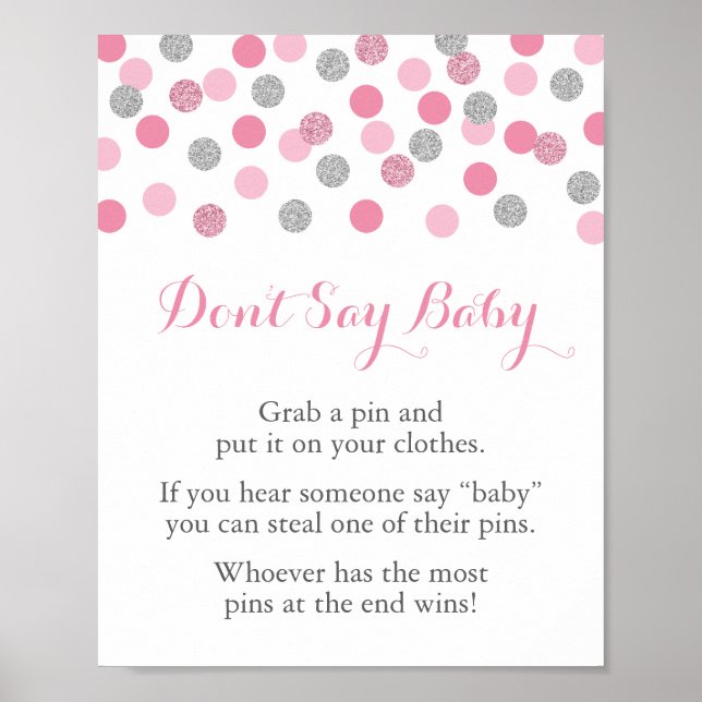 Poster Baby shower d'argent rose ne pas dire jeu de bébé  (Devant)