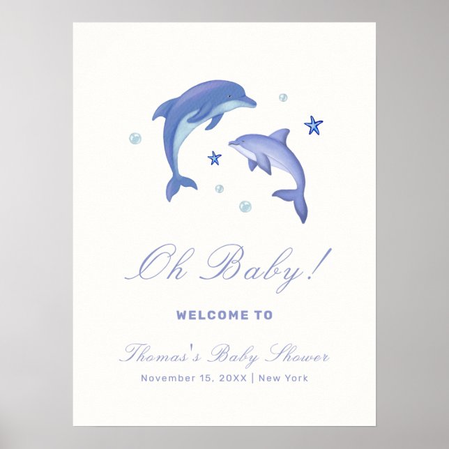 Poster Baby shower Dauphin d'été bleu moderne Bienvenue (Devant)