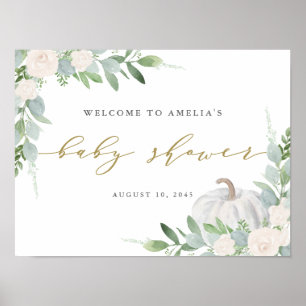 Poster Baby shower d'automne Citrouille blanc Aquarelle B