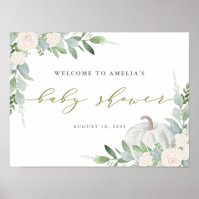 Poster Baby shower d'automne Citrouille blanc Aquarelle B (Devant)