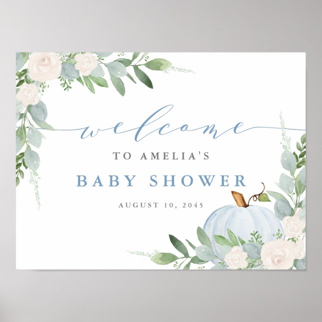 Poster Baby shower d'automne Citrouille bleu aquarelle Bi (Devant)