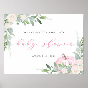 Poster Baby shower d'automne Citrouille rose aquarelle Bi