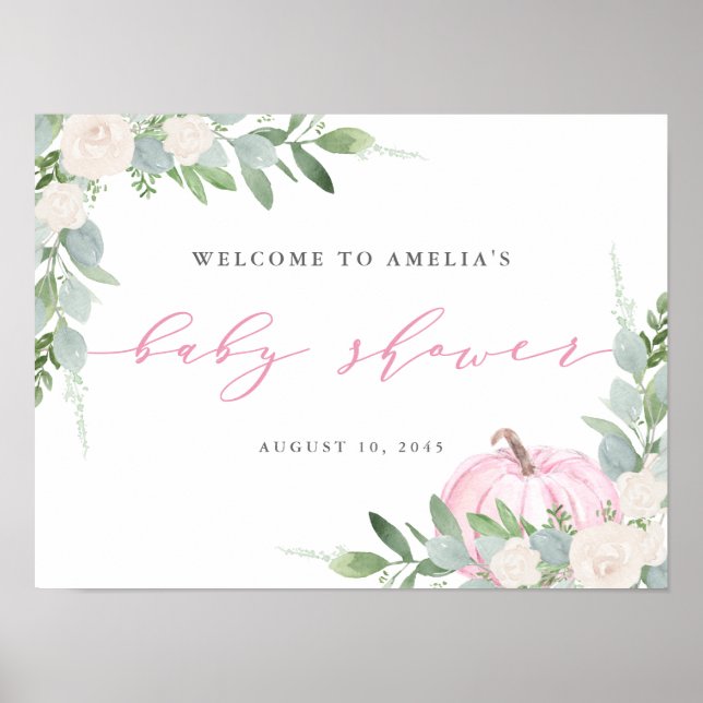 Poster Baby shower d'automne Citrouille rose aquarelle Bi (Devant)