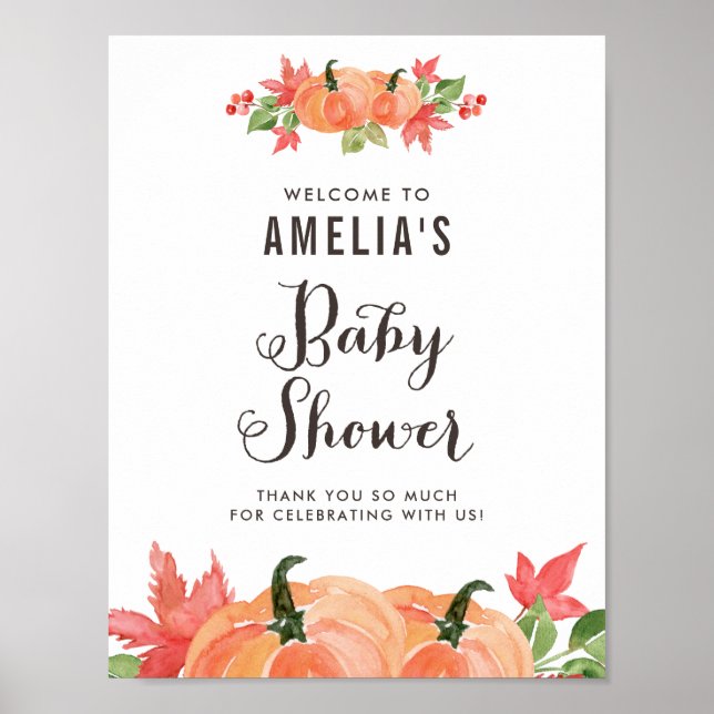Poster Baby shower d'automne Citrouilles d'aquarelle Bien (Devant)