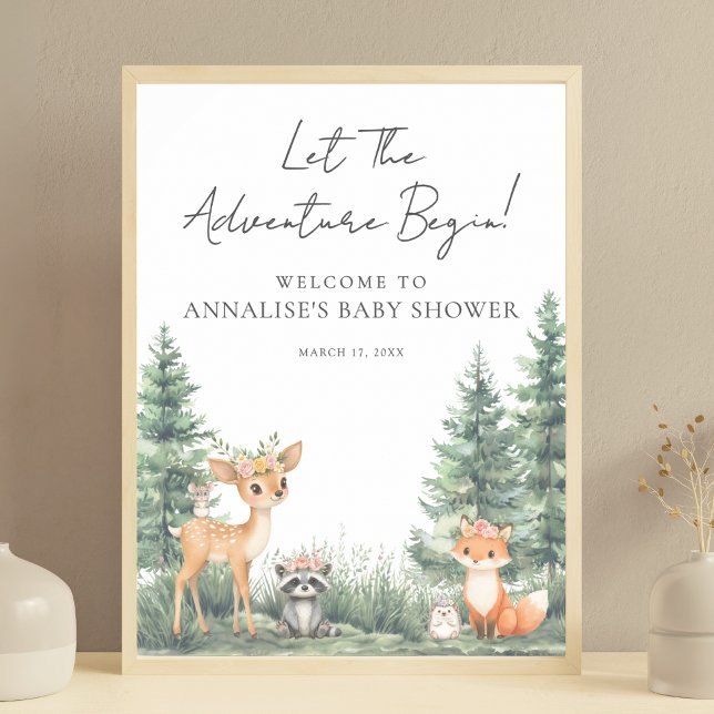 Poster Baby shower d'aventure des animaux forestiers de b (Woodland Forest Animals Adventure Baby Shower Poster)
