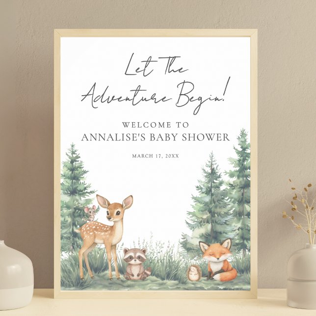 Poster Baby shower d'aventure des animaux forestiers de b (Woodland Forest Animals Adventure Baby Shower Poster)