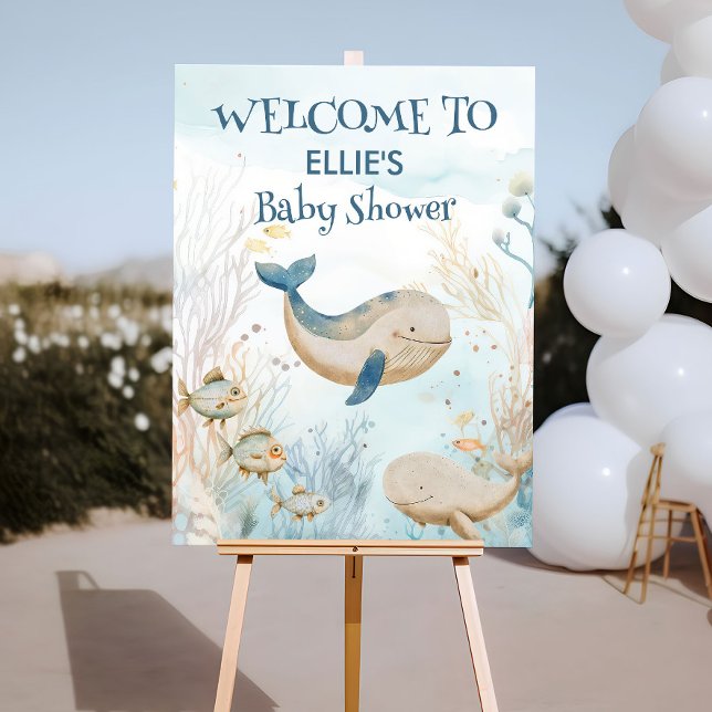 Poster Baby shower de baleines d'aquarelle sous la mer Bi (Welcome poster from the Whale Baby Shower Collection by Darling & May)