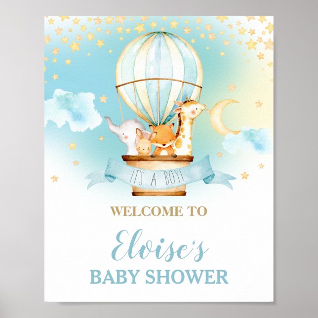 Poster Baby shower de ballon à air chaud Jungle Animaux B (Devant)