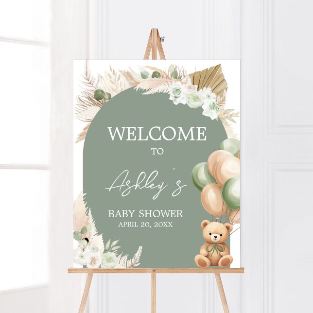 Poster Baby shower de ballon vert Boho Bear Bienvenue (Sage Green Balloons Baby Shower Welcome Sign)