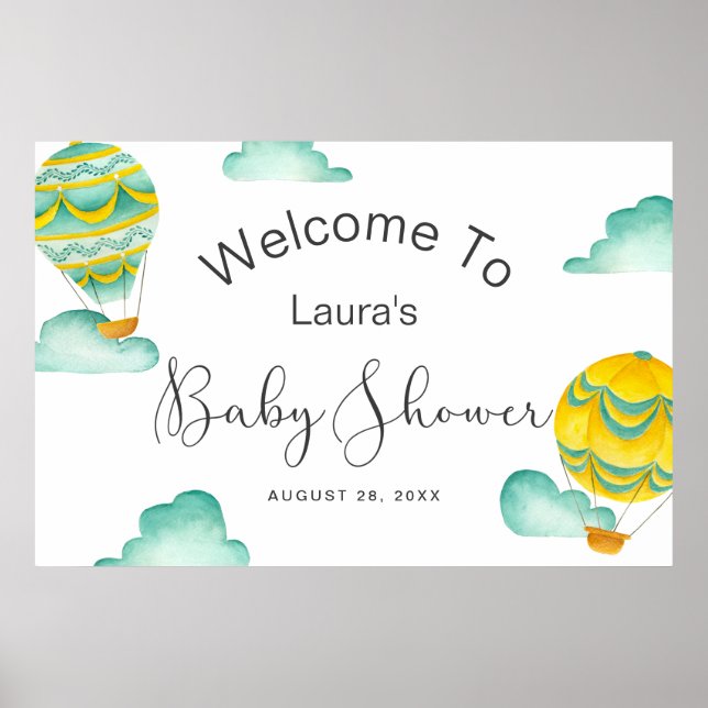 Poster Baby shower de ballons à air chaud Aqua jaune Bien (Devant)