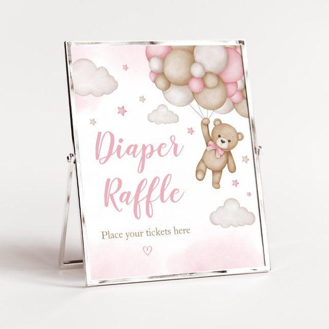 Poster Baby shower de ballons d'ours rose Raffin (Girl Bear Baby Shower Diaper Raffle Sign)
