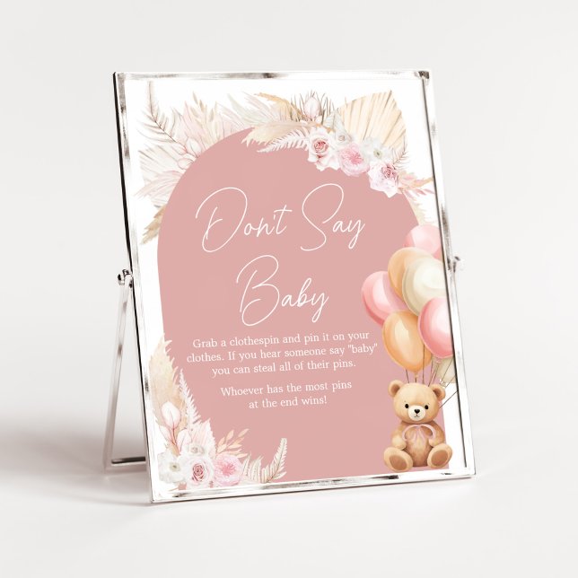 Poster Baby shower de balloon d'ours de saumons roses Ne  (We Can Bearly Wait Baby Shower Don't Say Baby Sign)