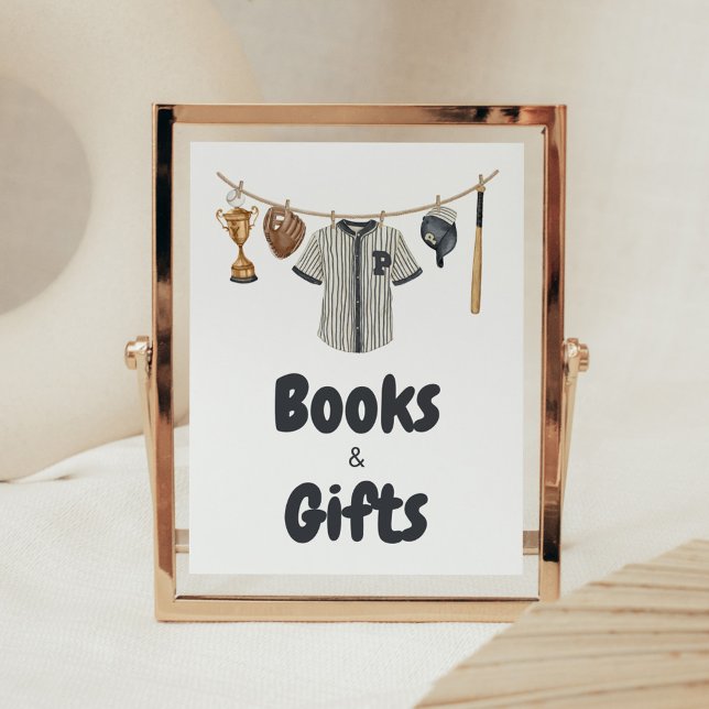 Poster Baby shower de baseball Little Slugger Livres et c (Baseball Little Slugger Clothesline Baby Shower Books and Gifts Sign)