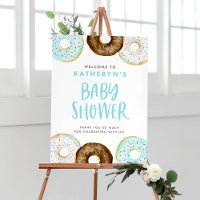 Baby shower de beignets bleu et chocolat Bienvenue