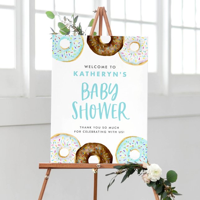 Poster Baby shower de beignets bleu et chocolat Bienvenue (Créateur téléchargé)