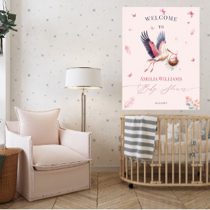 Poster Baby shower de bienvenue aux papillons de cigogne 