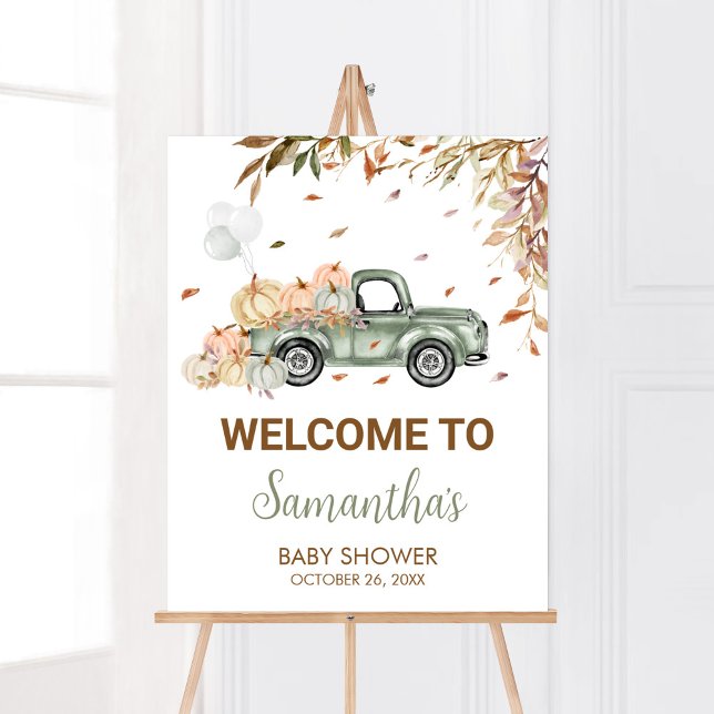 Poster Baby shower de bienvenue du Citrouille de camion v (Little Pumpkin Green Truck Baby Shower Welcome Sign)