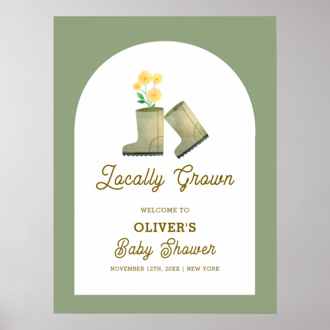 Poster Baby shower de bottes florales Sage Green Boho Bie (Devant)