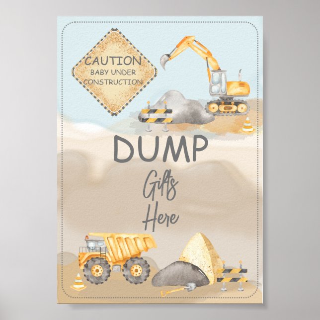 Poster Baby shower de camion de construction cadeaux de v (Devant)