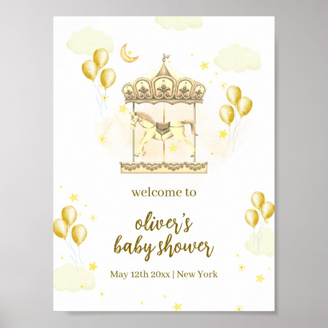 Poster Baby shower de carrousel magique Gold Elegant (Devant)