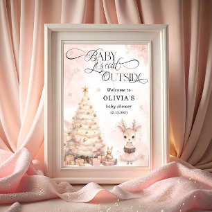 Poster Baby shower de cerfs d'hiver rose Bienvenue