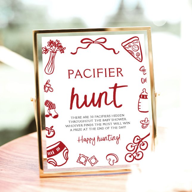 Poster Baby shower de chasse à la pacifier italienne pour (Hand Drawn Italian Baby Pacifier Hunt Baby Shower Sign)
