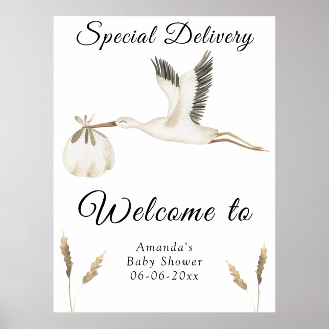 Poster Baby shower de cigogne d'aquarelle Bienvenue (Devant)