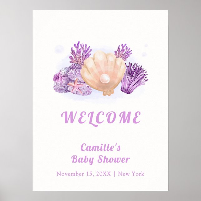 Poster Baby shower de coquillage de perles violet rustiqu (Devant)