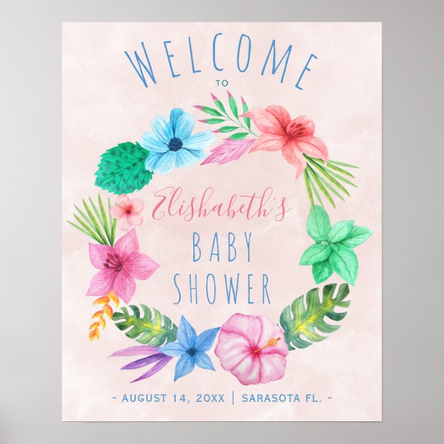 Poster Baby shower de couronnes tropicales rose signe de  (Devant)