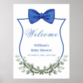 Poster Baby shower de crête bleu Bow Eucalyptus Bienvenue