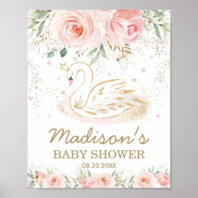 Poster Baby shower de cygne rose fleuri 1er anniversaire  (Devant)