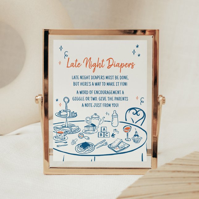 Poster Baby shower De Fête Dessinée À La Main (Hand Drawn Baby Brunch Party Baby Shower Late Night Diapers Sign)
