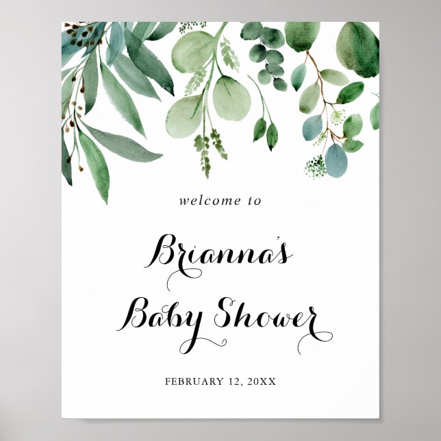 Poster Baby shower de feuillage vert Eucalyptus Bienvenue (Devant)