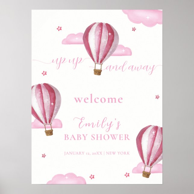 Poster Baby shower de filles rose Hot Air Balloon Accueil (Devant)