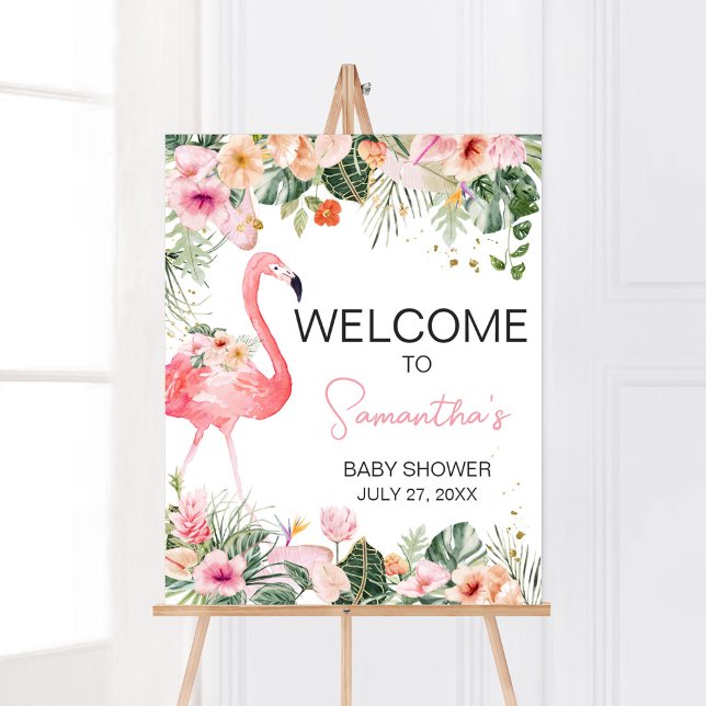 Poster Baby shower de Flamant rose tropical Bienvenue (Floral Flamingle Baby Shower Welcome Sign)