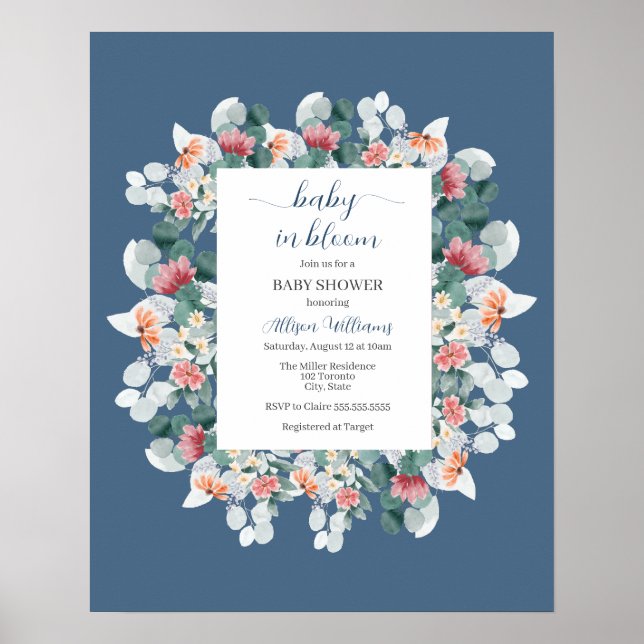 Poster Baby shower de fleur sauvage couleur bleu foncé (Devant)