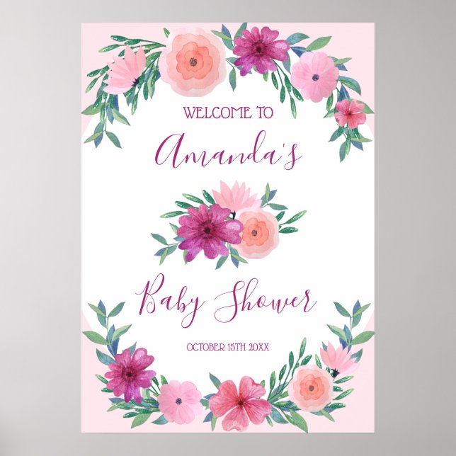 Poster Baby shower de fleurs d'aquarelle rose Personnalis (Devant)