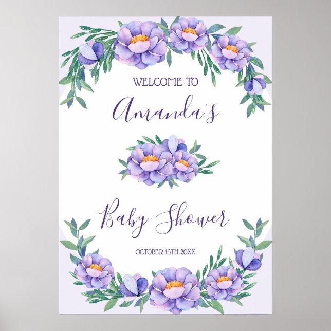 Poster Baby shower de fleurs d'aquarelle violet personnal (Devant)