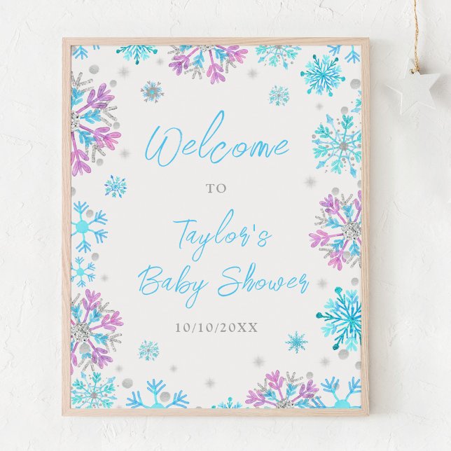 Poster Baby shower de flocons de neige violet et bleu (Créateur téléchargé)