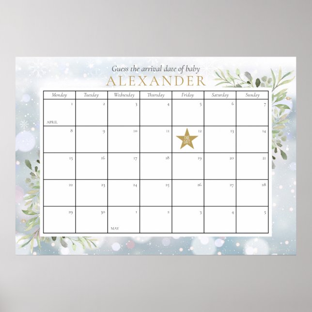 Poster Baby shower De Foliage D'Hiver Devinez La Date D'É (Devant)
