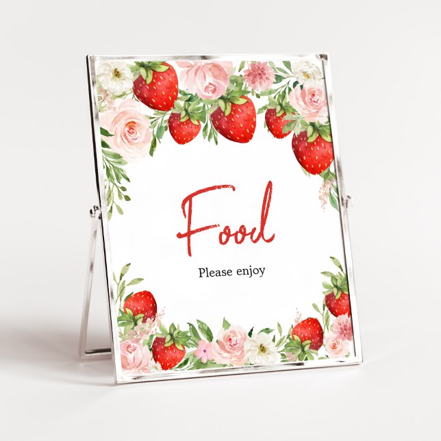 Poster Baby shower de fraises (Pink Floral Strawberry Baby Shower Food Sign)
