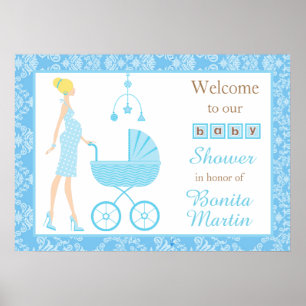Poster Baby shower de garçon Blonde Damask bleu