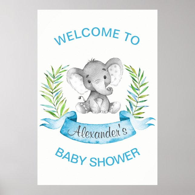 Poster Baby shower de garçon Elephant aquarelle (Devant)