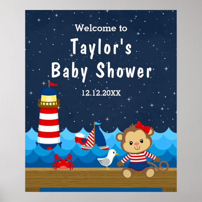 Poster Baby shower de la Marine Rouge Monkey Nautique (Devant)