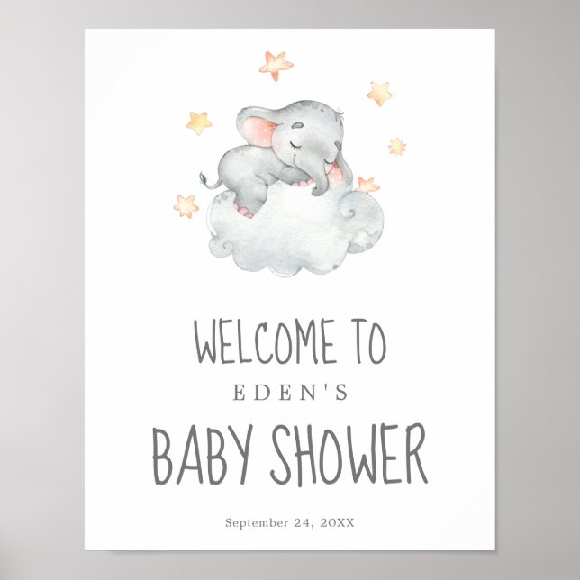 Poster Baby shower de la petite fille éléphante couché Bi (Devant)
