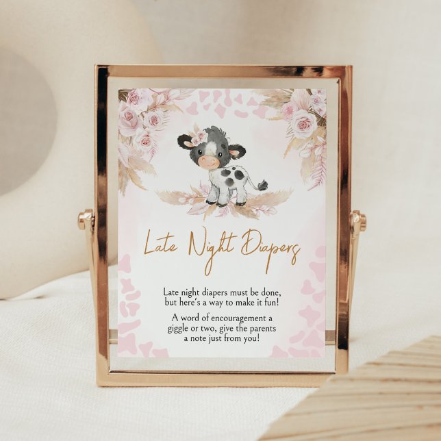 Poster Baby shower de la vache rose Diapositives nocturne (Highland Cow Baby Shower Late Night Diapers Sign)