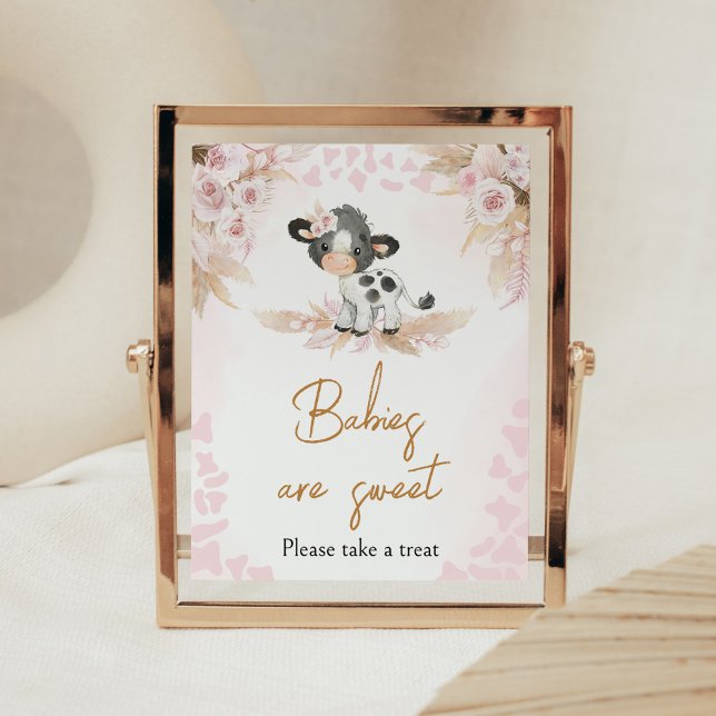 Poster Baby shower de la vache rose Les bébés sont doux (Highland Cow Baby Shower Babies are Sweet Sign)