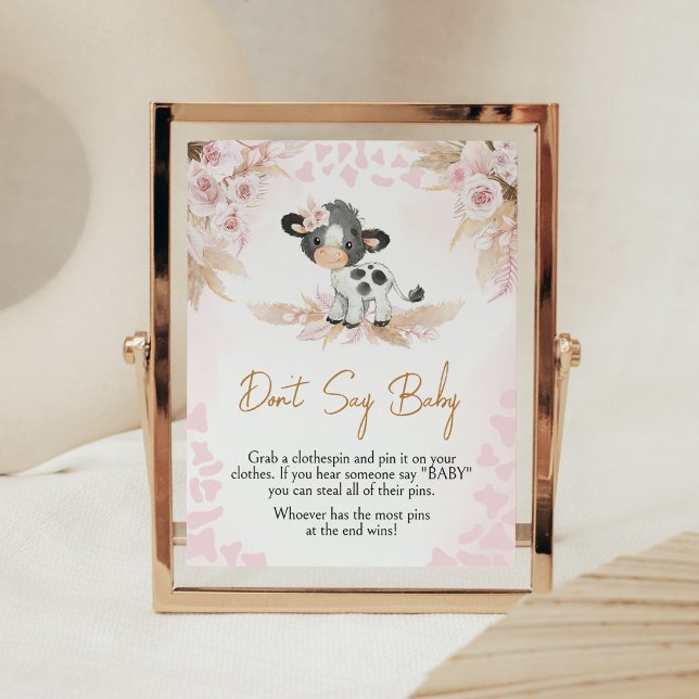 Poster Baby shower de la vache rose ne dit pas bébé (Highland Cow Baby Shower Don't Say Baby Sign)